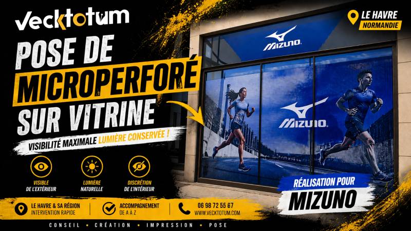 Pose d’adhésif microperforé sur vitrine à Gonfreville-l’Orcher | Communication visuelle Mizuno