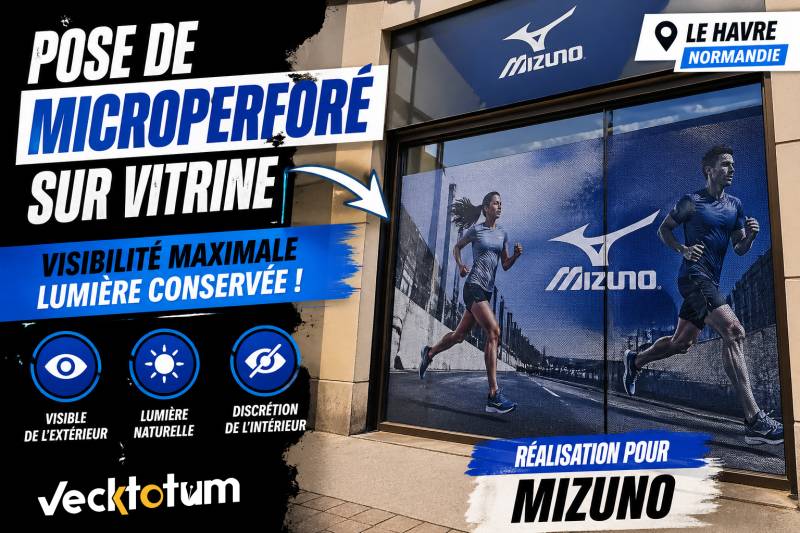 Pose d’adhésif microperforé sur vitrine à Gonfreville-l’Orcher | Communication visuelle Mizuno